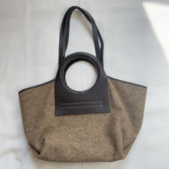 HEREU Studio Cala S Tote Bag In Brown Leather Tan Fabric Rare - Picture 2 of 10
